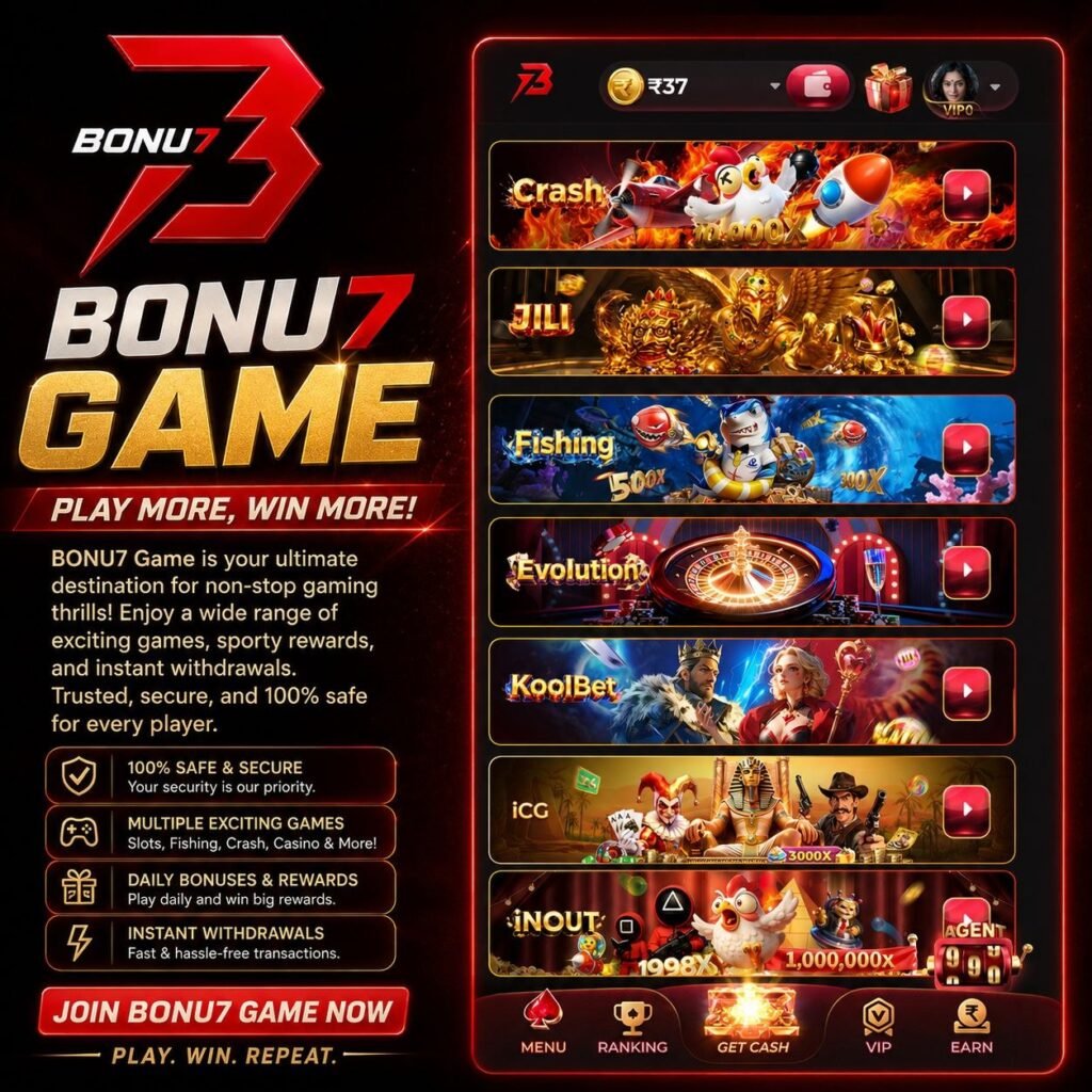 BONU7 Game homepage displaying gaming options, rewards, and user-friendly mobile navigation.