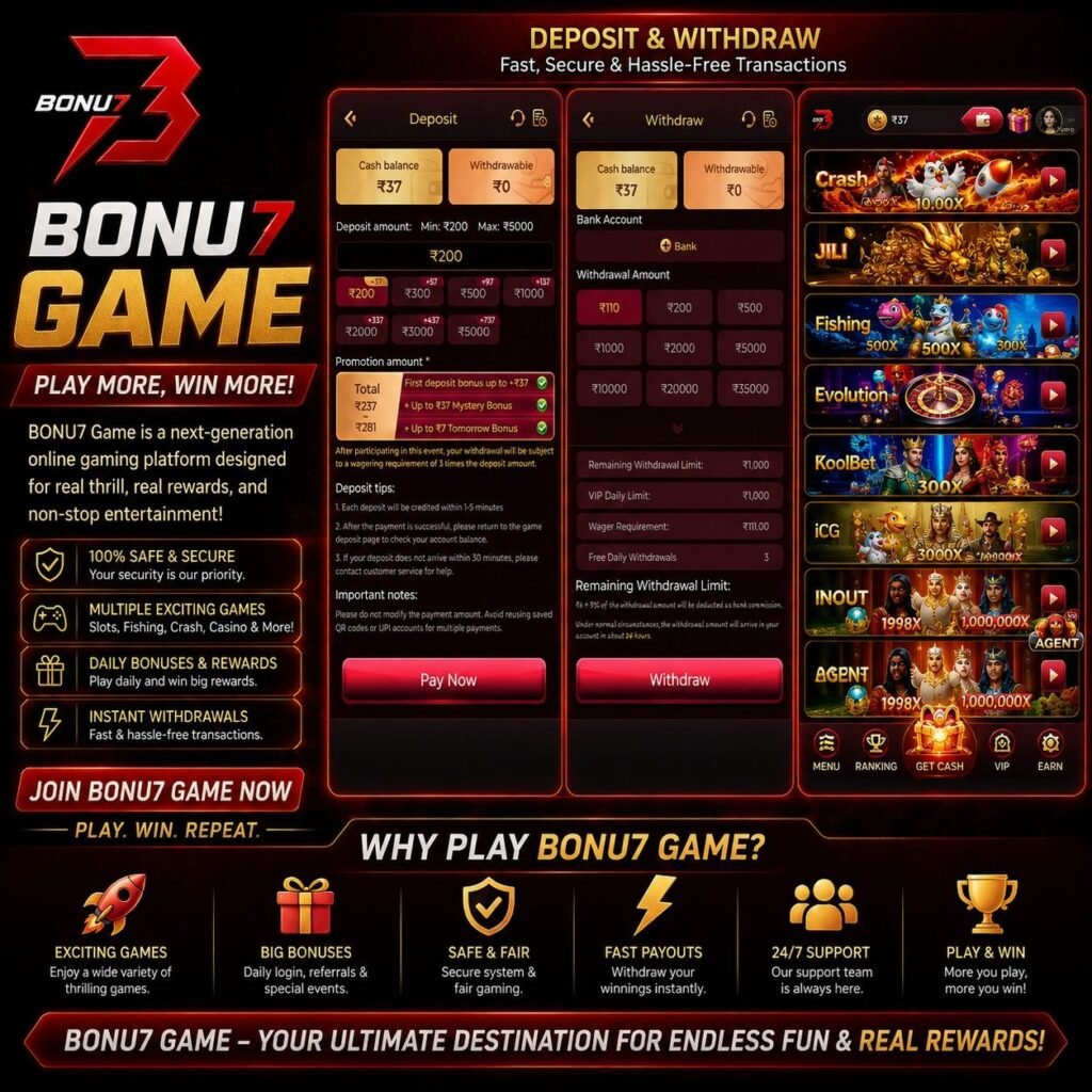 BONU7 App interface displayed on a smartphone with gaming features, rewards, and easy navigation.