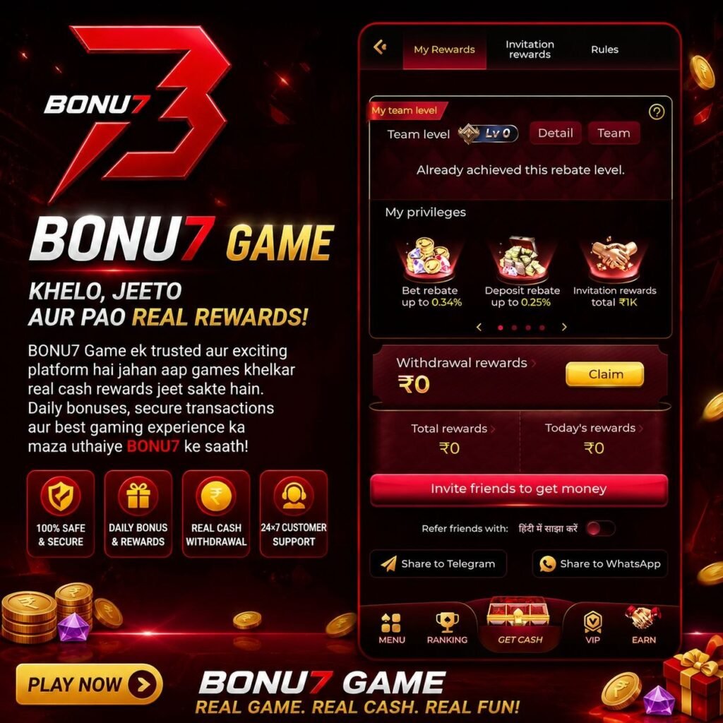 BONU7 Game App running on an Android smartphone with gaming dashboard, bonus offers, and user account features.